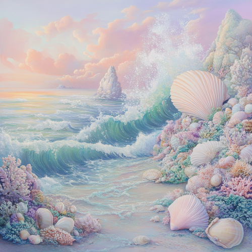 Gentle waves on rocky coast with seashells