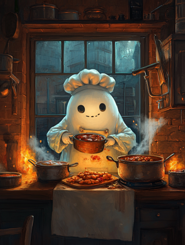 Ghost cooking in kitchen with food pots, fantasy art.