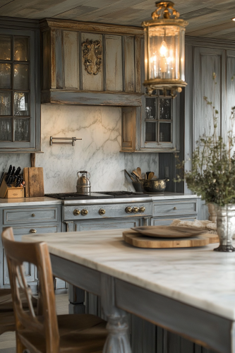 Ghostly, charming kitchen with muted gray cabinets and marble.