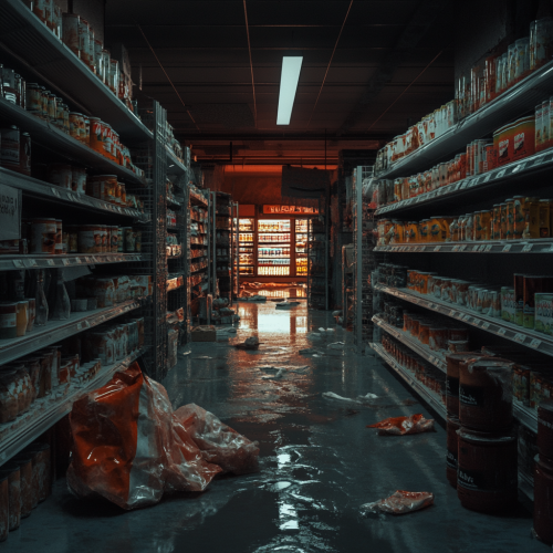 Ghostly Abandoned Supermarket Aisle Haunted by Shadows