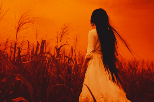 Ghostly Japanese girl in white dress in cornfield