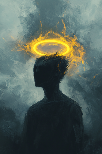 Ghostly silhouette with shining yellow ring in oil sky