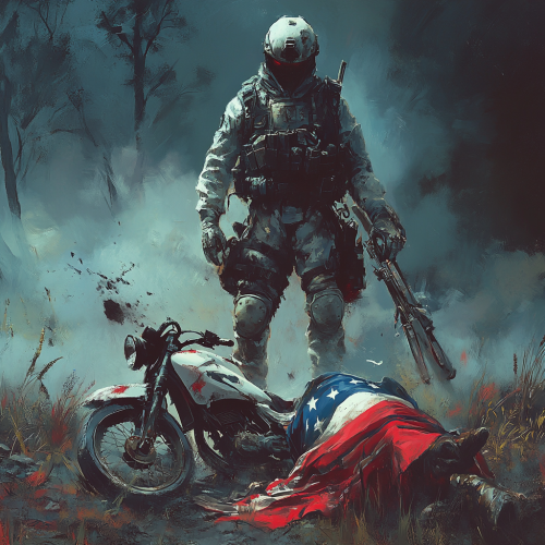 Ghostly soldier triumphs over defeated American Revolution patriot.