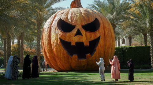 Giant Evil Pumpkin in Dubai Park with People