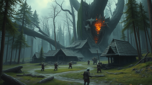 Giant Goblins Destroying Settlement Amidst Dark Woods
