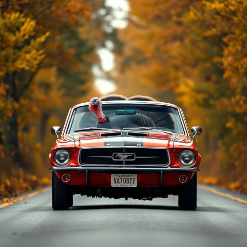 Giant Turkey Driving Ford Mustang on Autumn Road