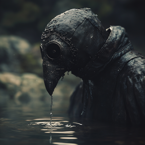 Giant creature with mask peering at dark water