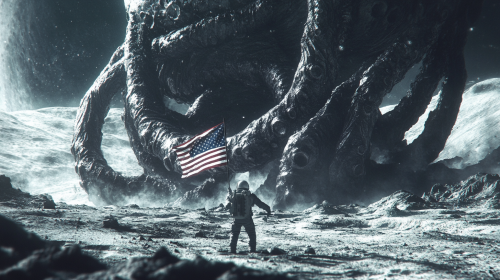 Giant tentacles lurk behind man planting flag on moon.