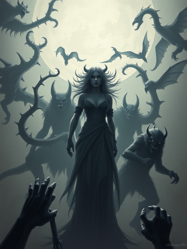 Girl Surrounded by Shadow Monsters from Subconscious
