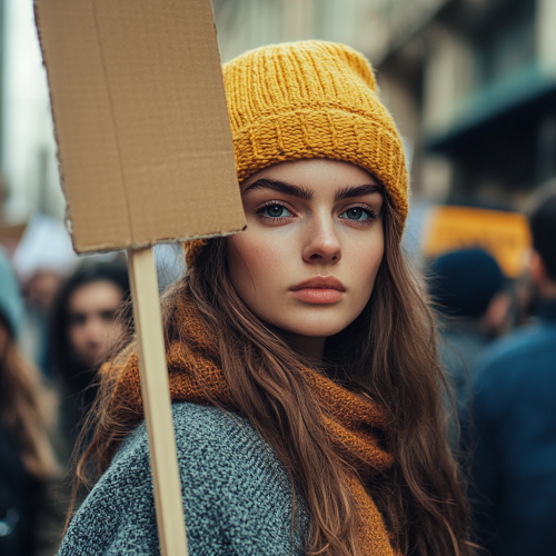 Girl at protest with square sign hyperrealism poster.