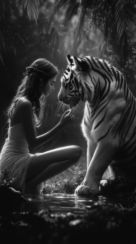 Girl brushes tiger's fur at dusk, strong bond shown.