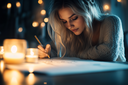 Girl drawing peacefully at night by candlelight