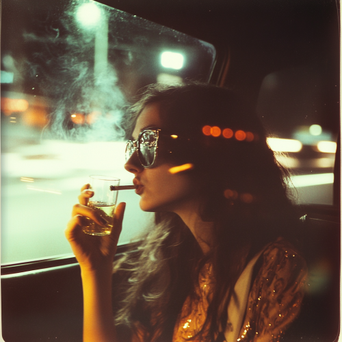 Girl in fancy clothes in London cab at night