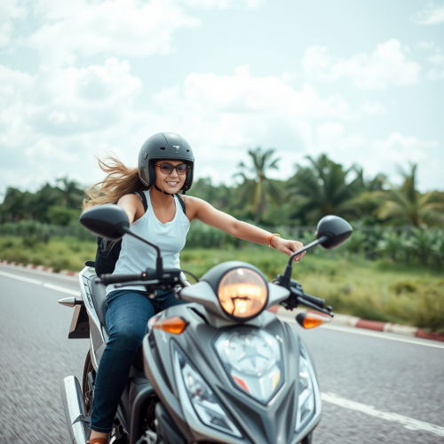 Girl riding on a motorbike in a city.