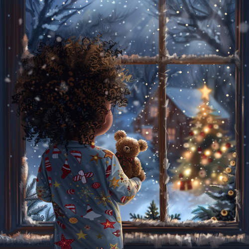 Girl waits for Santa in Christmas pajamas.