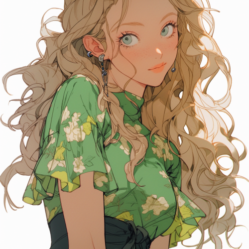 Girl with green tones, long hair, fair skin, green eyes.