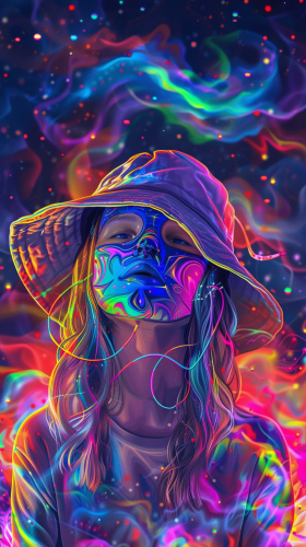 Girl with mask and hat at festival with universe.
