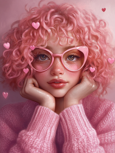 Girl with pink curly hair, heart glasses, soft face. Girl with pink curly hair, heart glasses, soft face.
