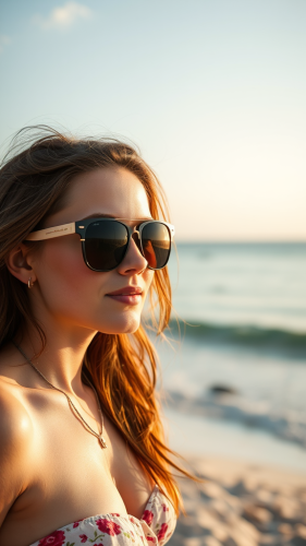Girl with sunglasses relaxes on the beach.