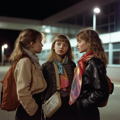 Girls with shimmering scarf on purse chat after school