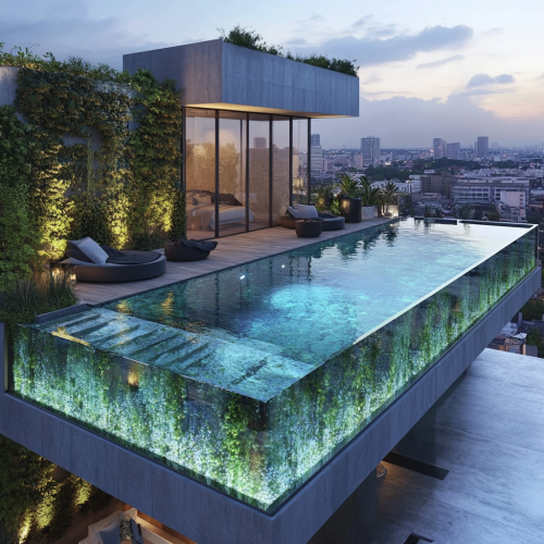 Glass Study Room Next to L-shaped Rooftop Pool