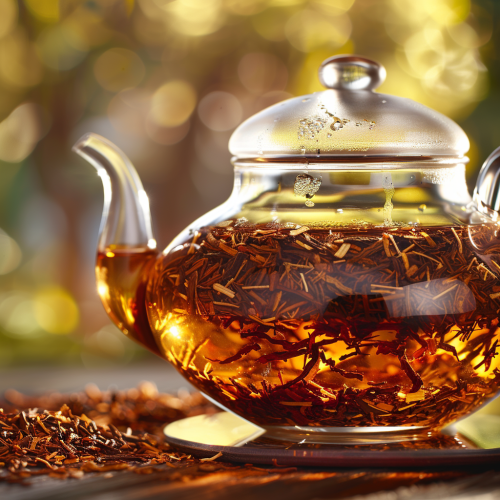 Glass Teapot with Rooibos Tea and Warm Lighting