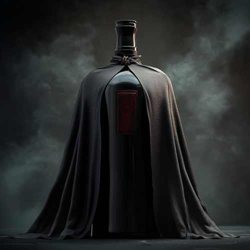 Glass bottle wearing vampire cape under dim light