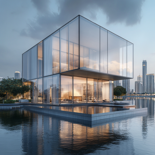 Glass box building in Dubai Creek at nighttime