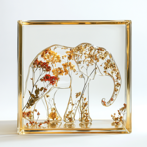 Glass cubic elephant with flowers and twigs design