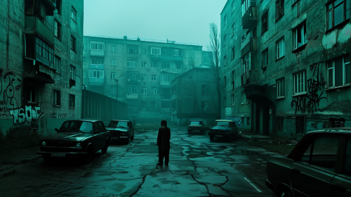 Gloomy Russian courtyard with ghostly figure