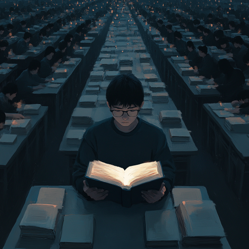 Glowing book shines in dark library, confident student reads. Glowing book shines in dark library, confident student reads.