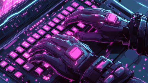 Glowing cyber office with animated hands typing