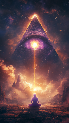 Glowing humanoid under divine all-seeing eye enlightenment.