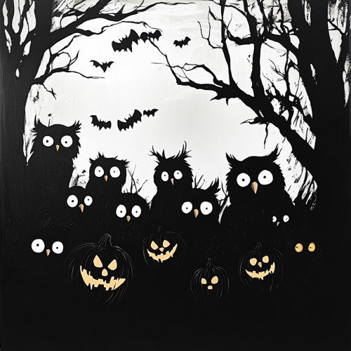 Glowing owl silhouettes in black and white forest