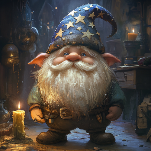 Gnome with long beard stands in cluttered room.