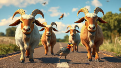 Goats Sweeping the Road in 3D Pixar Style