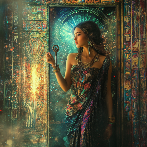 Goddess with key tempting with door to 5th dimension