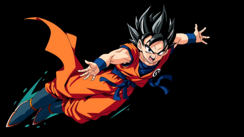 Goku in Super Saiyan Form Flying Against Black Background