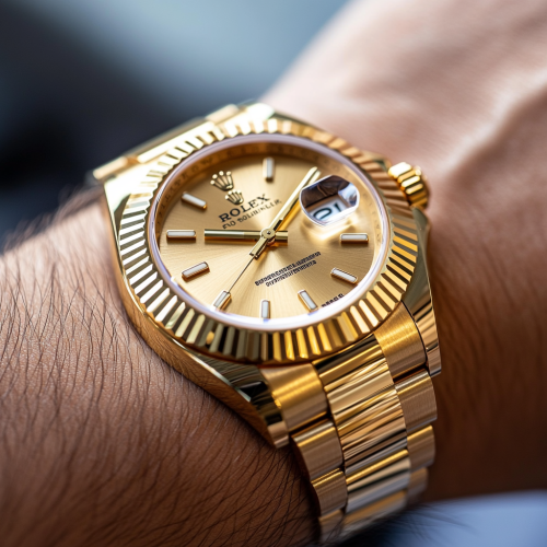 Gold Rolex watch on wrist, close-up view.