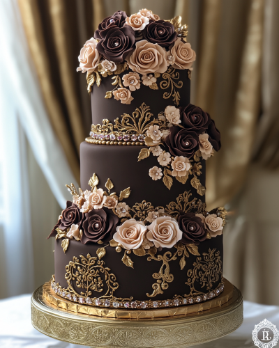 Golden Arabic-inspired tiered cake with roses and gems