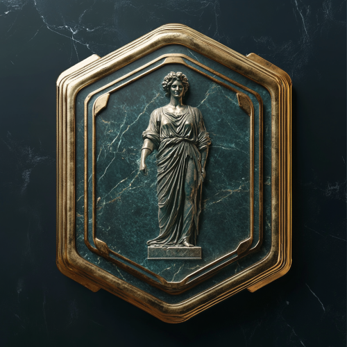 Golden Hexagonal Badge with Greek Statues