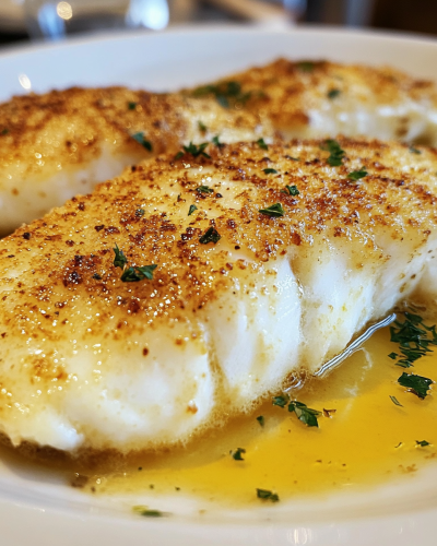 Golden Parmesan Crusted Tilapia in white bowl, aromatic herbs