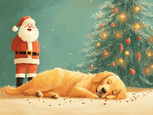Golden Retriever sleeping with Santa over crumb-covered tree.