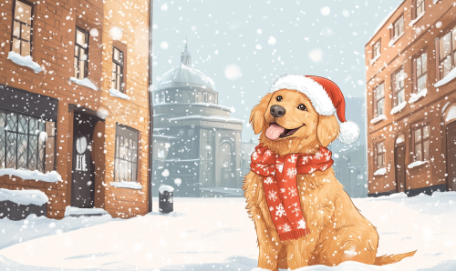 Golden Retriever with hat and scarf at Guinness Factory.