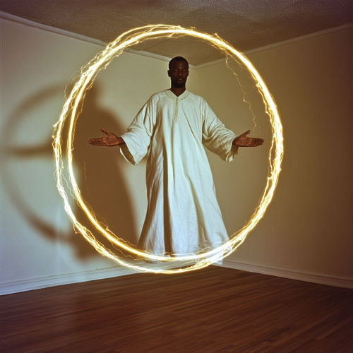 Golden Rings Encircle Floating African Man Stock Photo