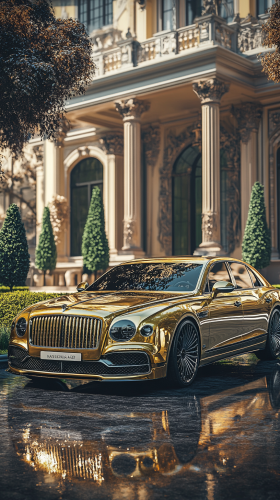 Golden Sedan Parked in Front of European Mansion