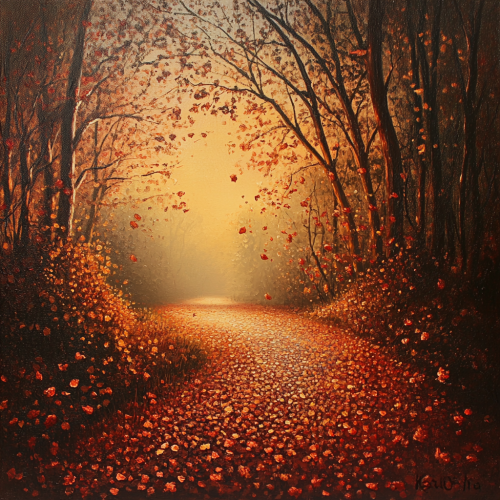 Golden and red leaf forest at sunset