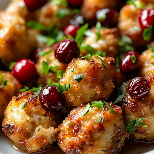 Golden-brown Cranberry Turkey Stuffing Balls with Sauce