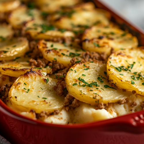 Golden-brown potato casserole with savory meat filling