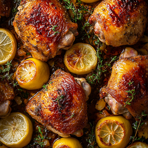 Golden-brown roasted chicken thighs with fresh herbs